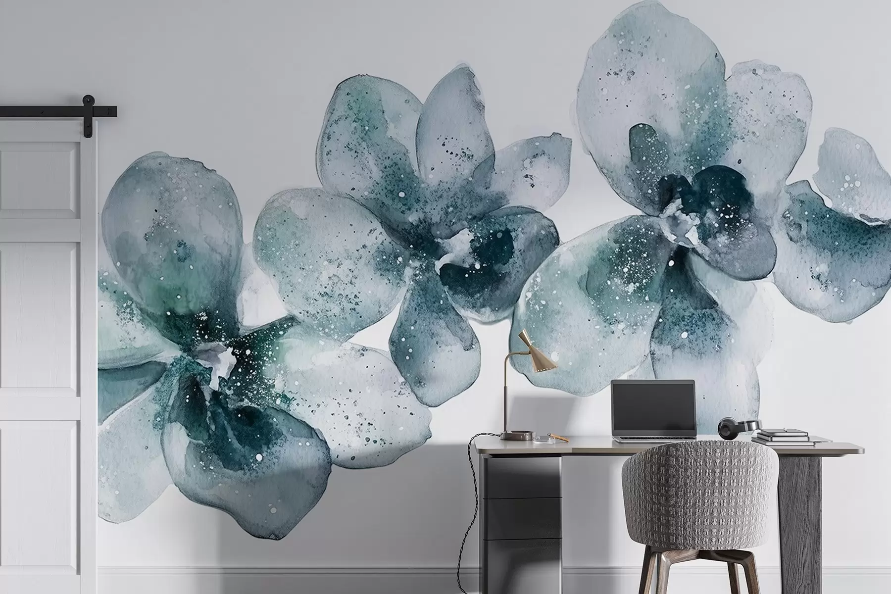 murales de pared Flores de orquídea estilo acuarela, colores aguamarina w03163v1