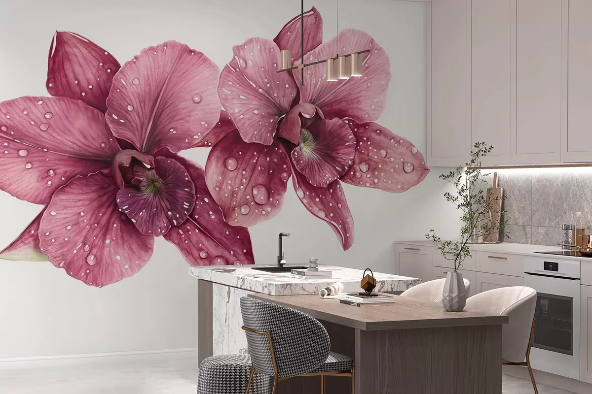 murales de pared Hermosas flores de orquídea, dibujo estilo acuarela, colores rosados w03164v1