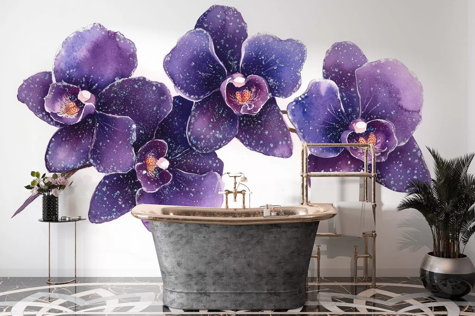 murales de pared Rama de flor de Orhid, estilo acuarela, floral, colores morados w03165