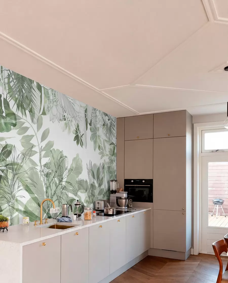 murales de pared Plantas y hojas tropicales con estampado de jungla verde sobre fondo blanco w08823