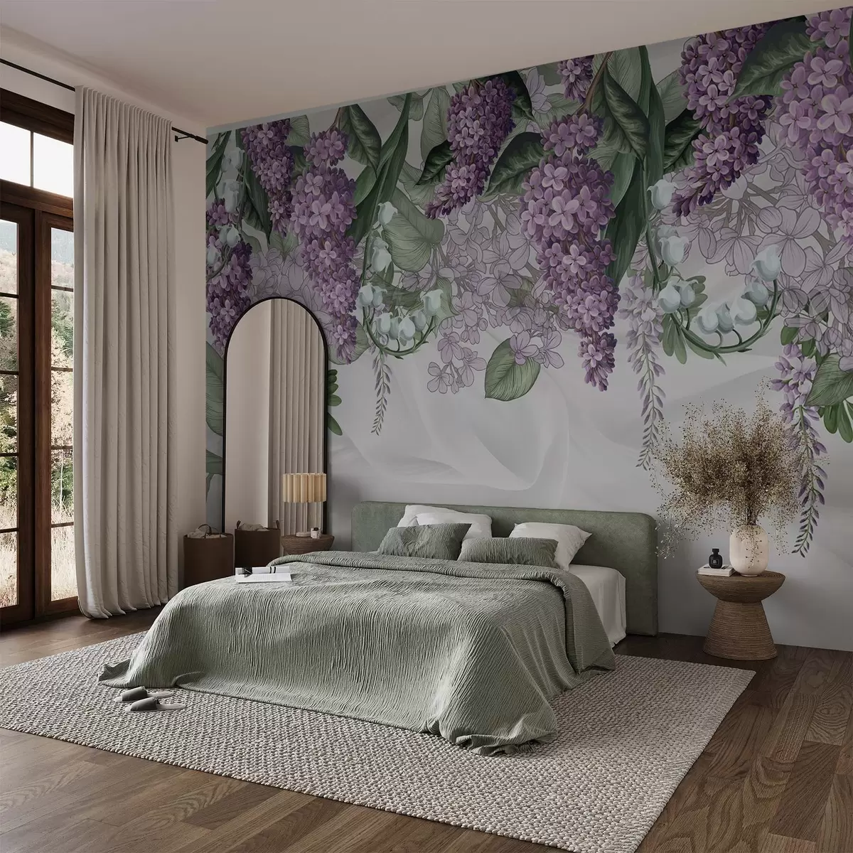 murales de pared Flores de color lila pastel y hojas verdes sobre fondo blanco con textura de imitacion de seda fabriс w08825