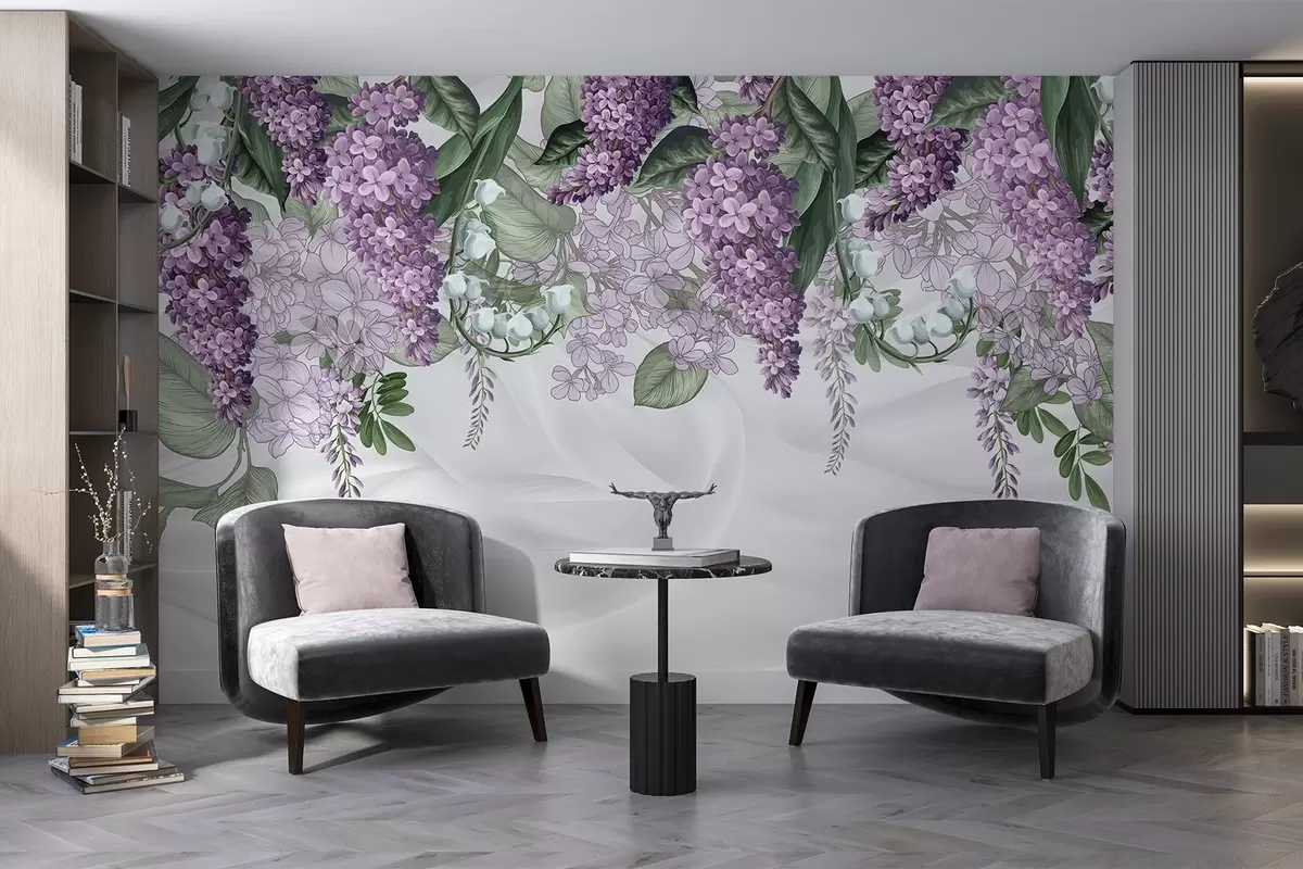 murales de pared Flores de color lila pastel y hojas verdes sobre fondo blanco con textura de imitacion de seda fabriс w08825