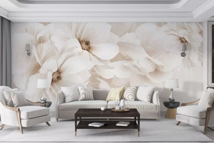 murales de pared Flores de peonía en tonos pastel con delicados pétalos blancos y beige y líneas blancas sobre fondo beige claro w08826v1