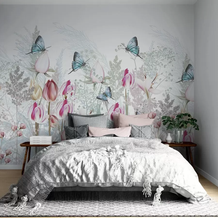 murales de pared Estampado en tonos pastel con flores de tulipán, hierba y mariposas volando en un jardín w08834