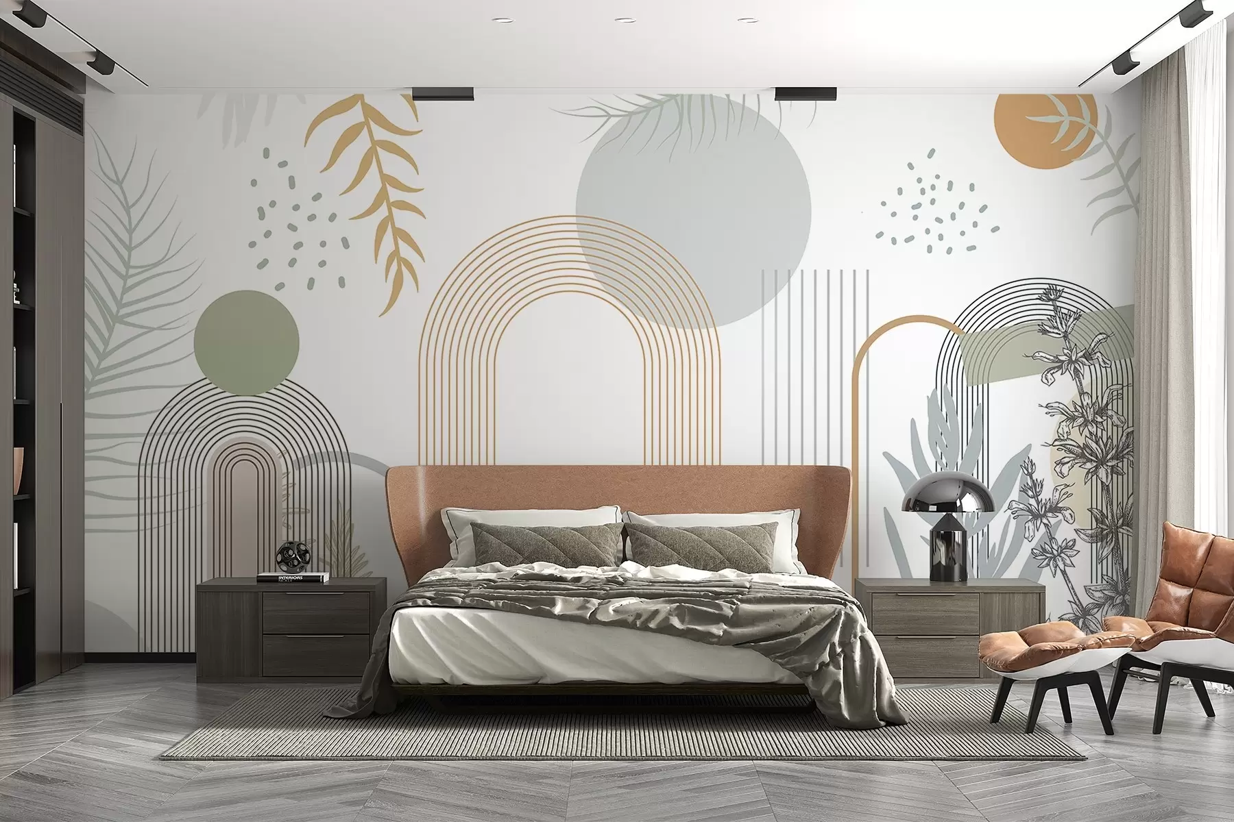 murales de pared Estampado abstracto con formas geométricas, arcos y hojas tropicales sobre fondo blanco w08835