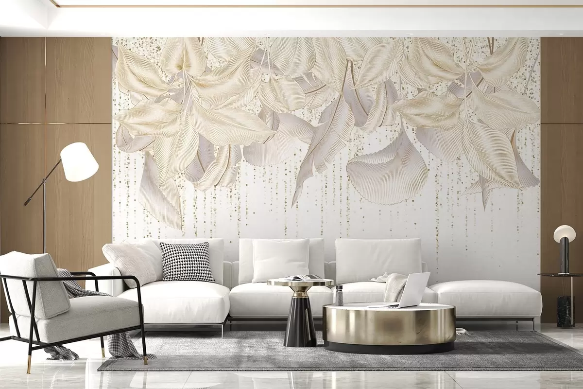 murales de pared Textura de hojas tropicales detalladas en blanco y puntos amarillos sobre fondo blanco w08836