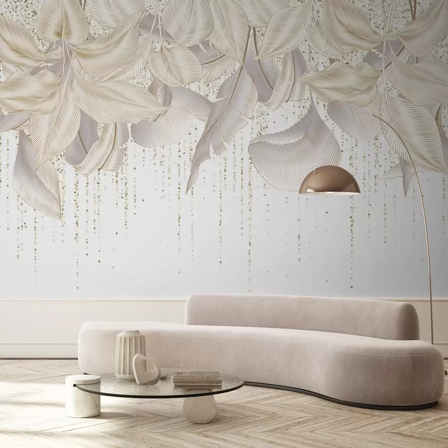 murales de pared Textura de hojas tropicales detalladas en blanco y puntos amarillos sobre fondo blanco w08836