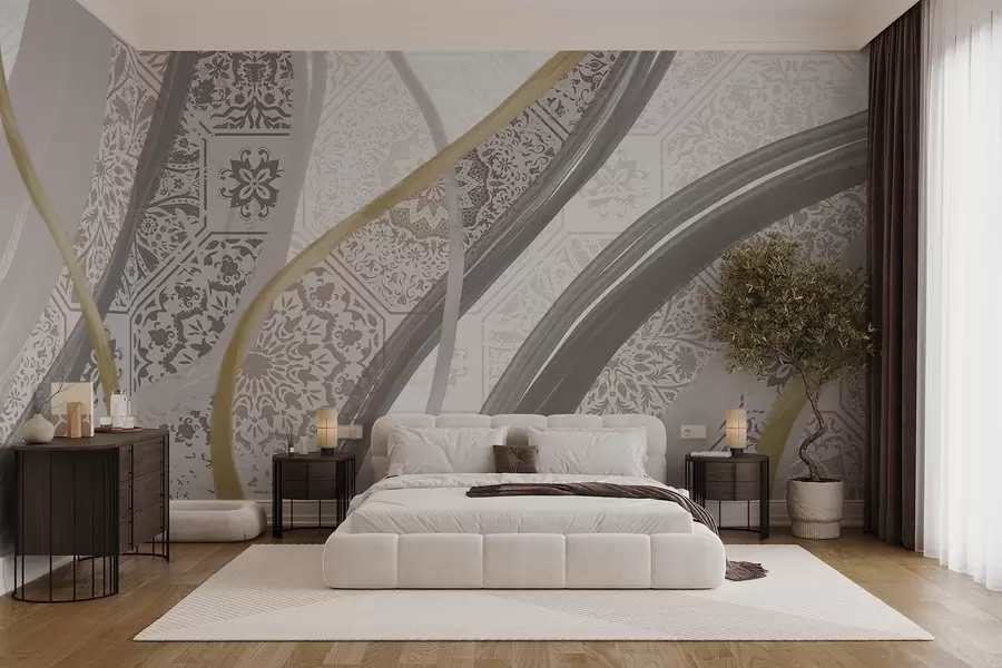 murales de pared Cuadro abstracto con motivos geométricos y líneas curvas en colores beige, gris y amarillo w08837
