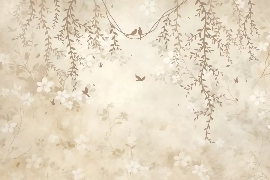 murales de pared Pájaros con plantas colgantes y un motivo floral en tonos beige-crema claro w08809