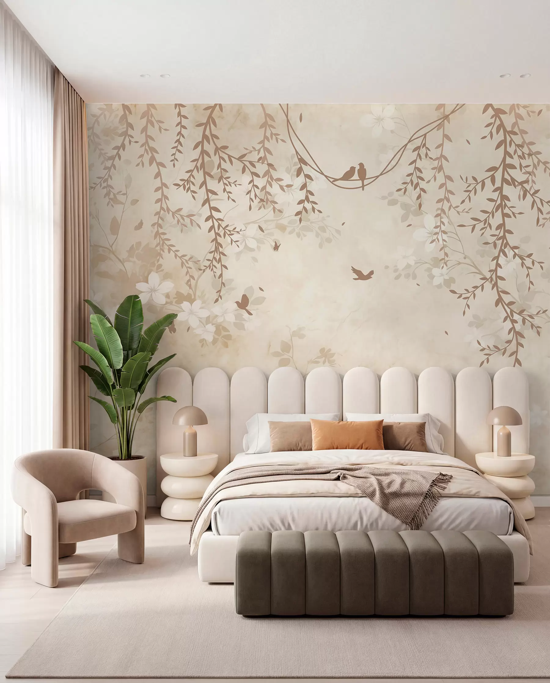 murales de pared Pájaros con plantas colgantes y un motivo floral en tonos beige-crema claro w08809