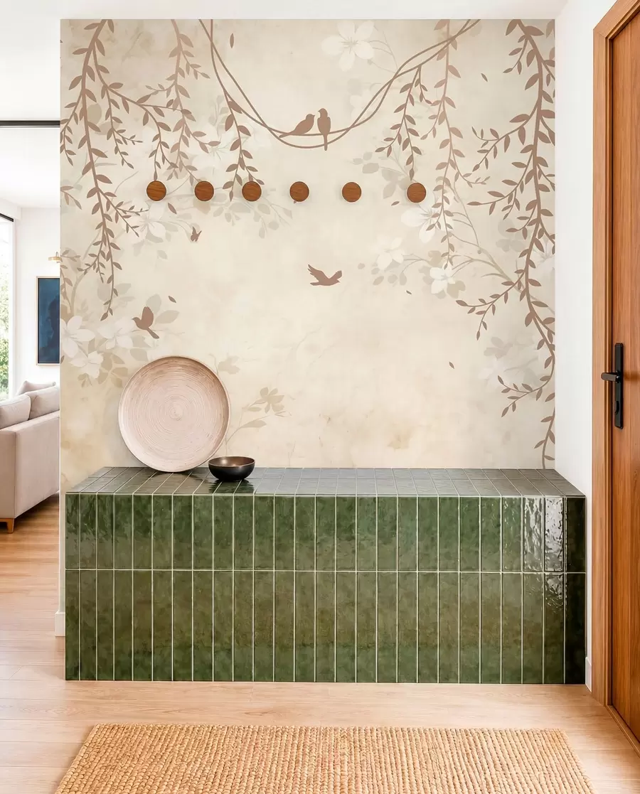 murales de pared Pájaros con plantas colgantes y un motivo floral en tonos beige-crema claro w08809
