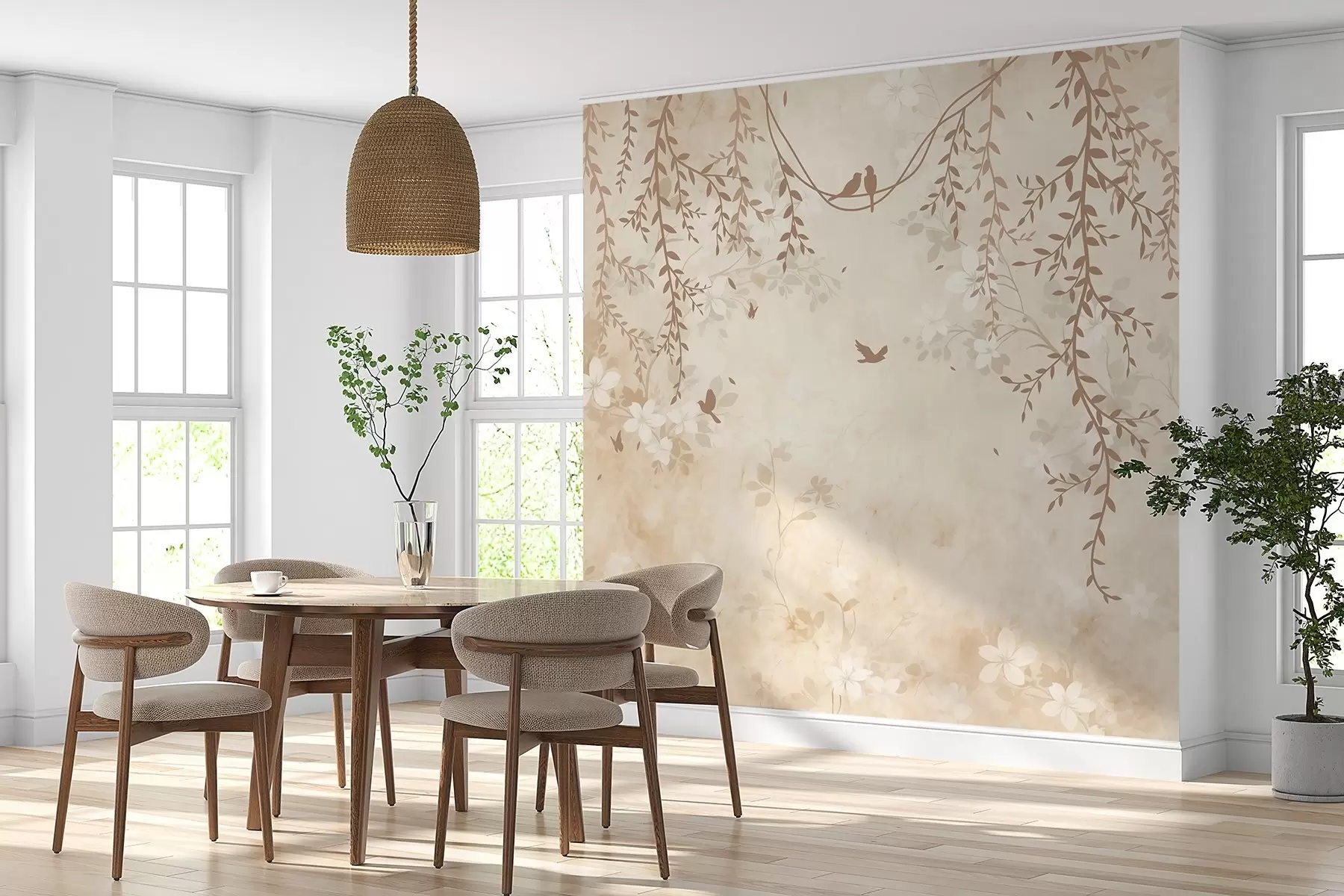 murales de pared Pájaros con plantas colgantes y un motivo floral en tonos beige-crema claro w08809