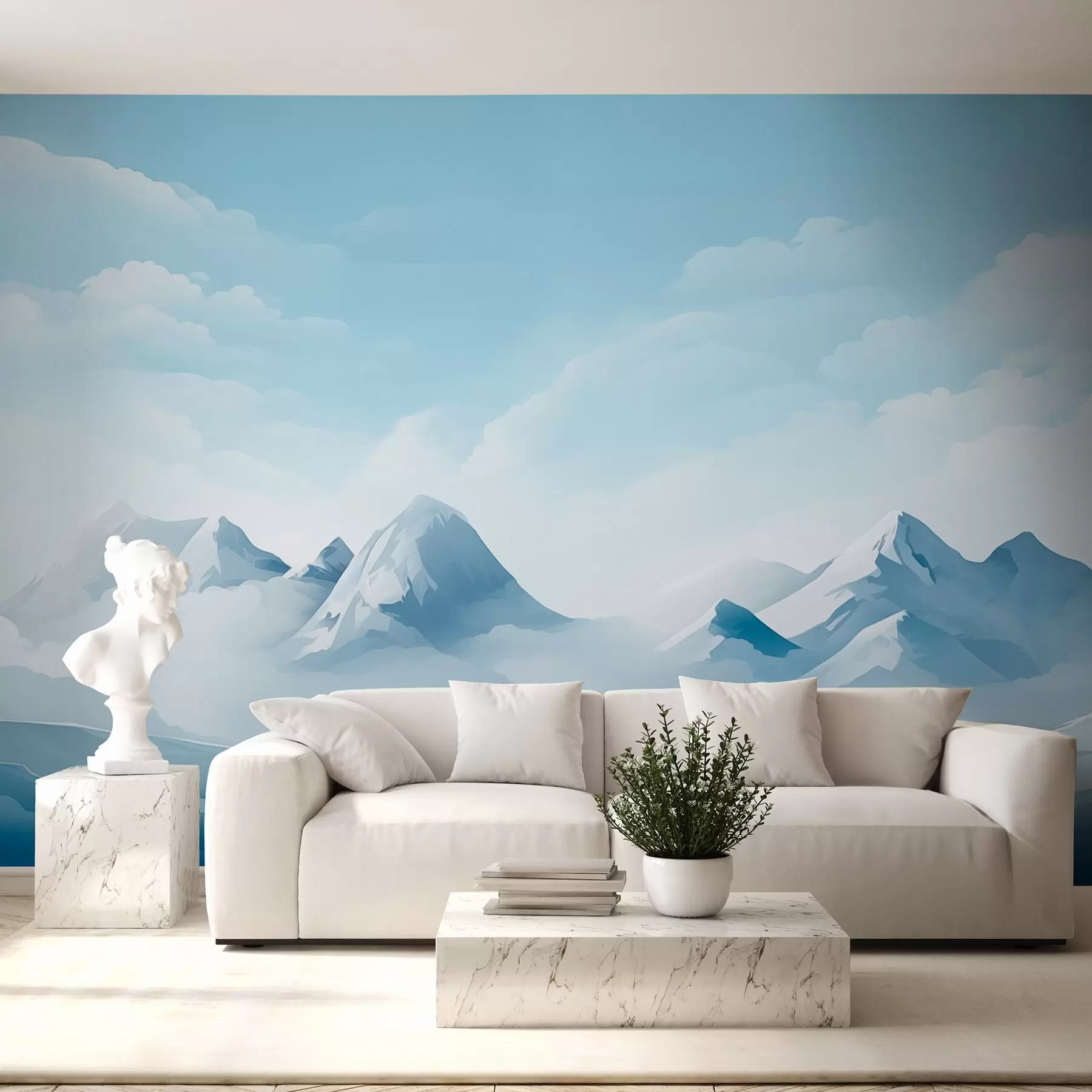 murales de pared Nubes y montañas azules minimalistas, tiempo gélido w08811