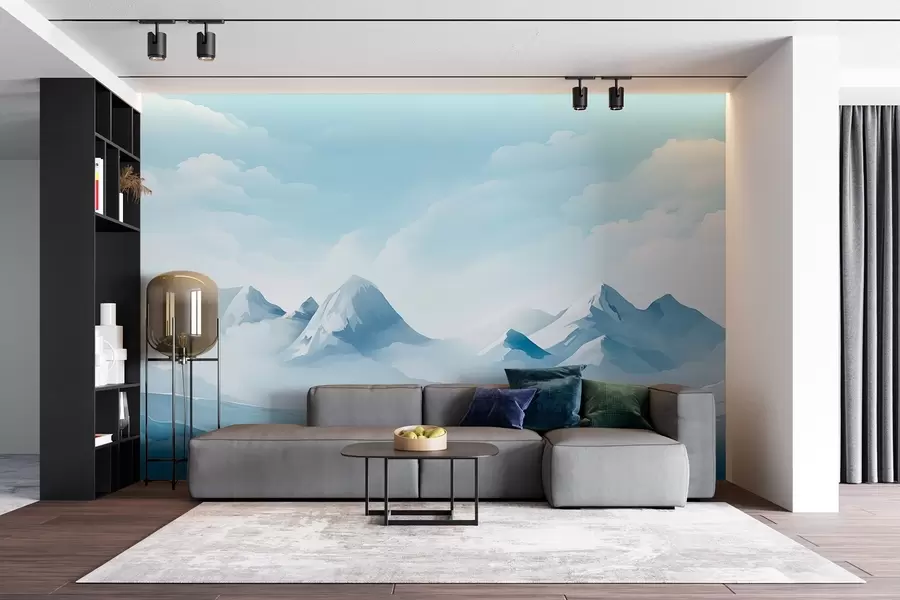 murales de pared Nubes y montañas azules minimalistas, tiempo gélido w08811