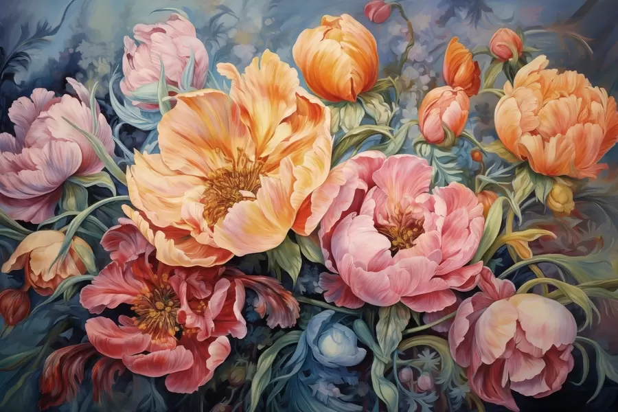 murales de pared Tulipanes y peonías, una composición floral en estilo pincelada de óleo w08817