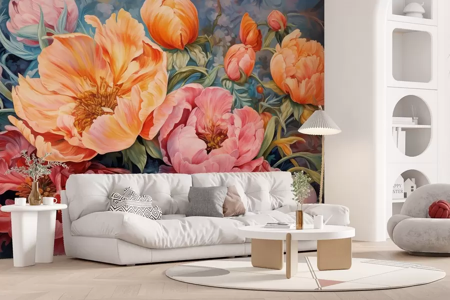 murales de pared Tulipanes y peonías, una composición floral en estilo pincelada de óleo w08817