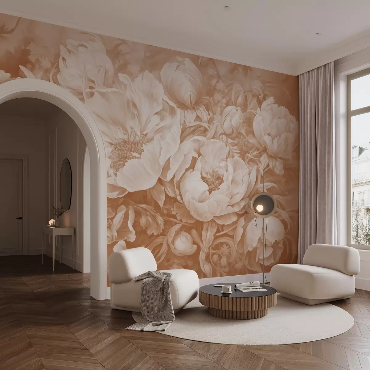 murales de pared Tulipanes y peonías, una composición floral en estilo pincelada de óleo beige w08817v1