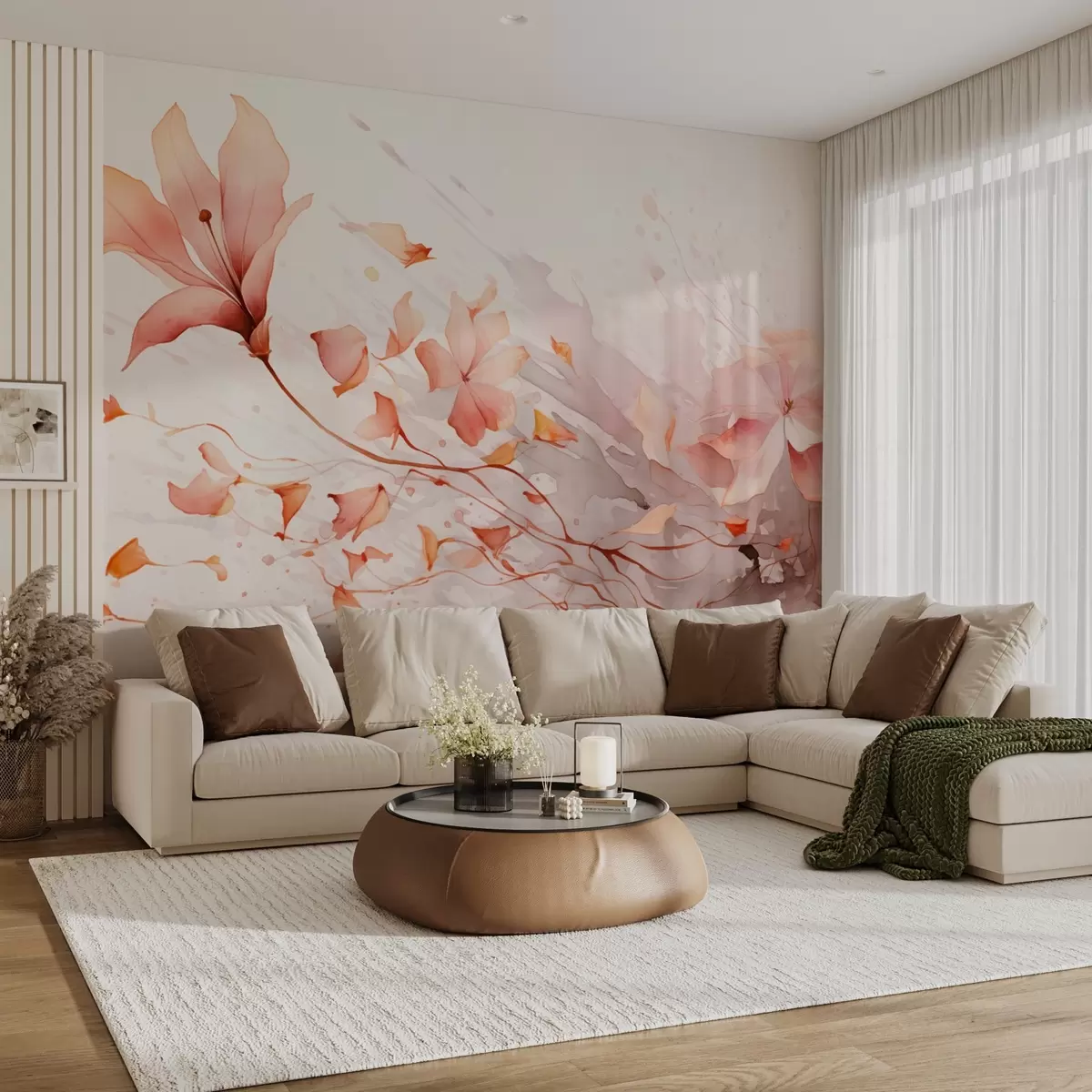 murales de pared Una flor con pétalos que caen en estilo acuarela en tonos cálidos w08821v1