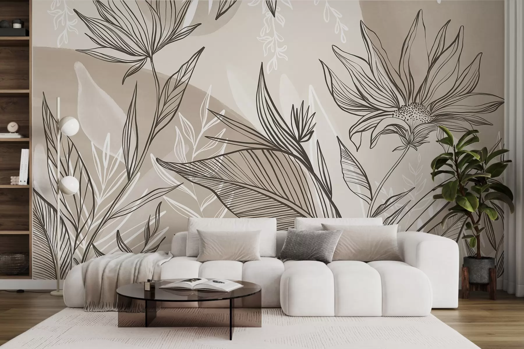 murales de pared Línea floral con grandes hojas y flores sobre un fondo de acuarela beige w08865v1