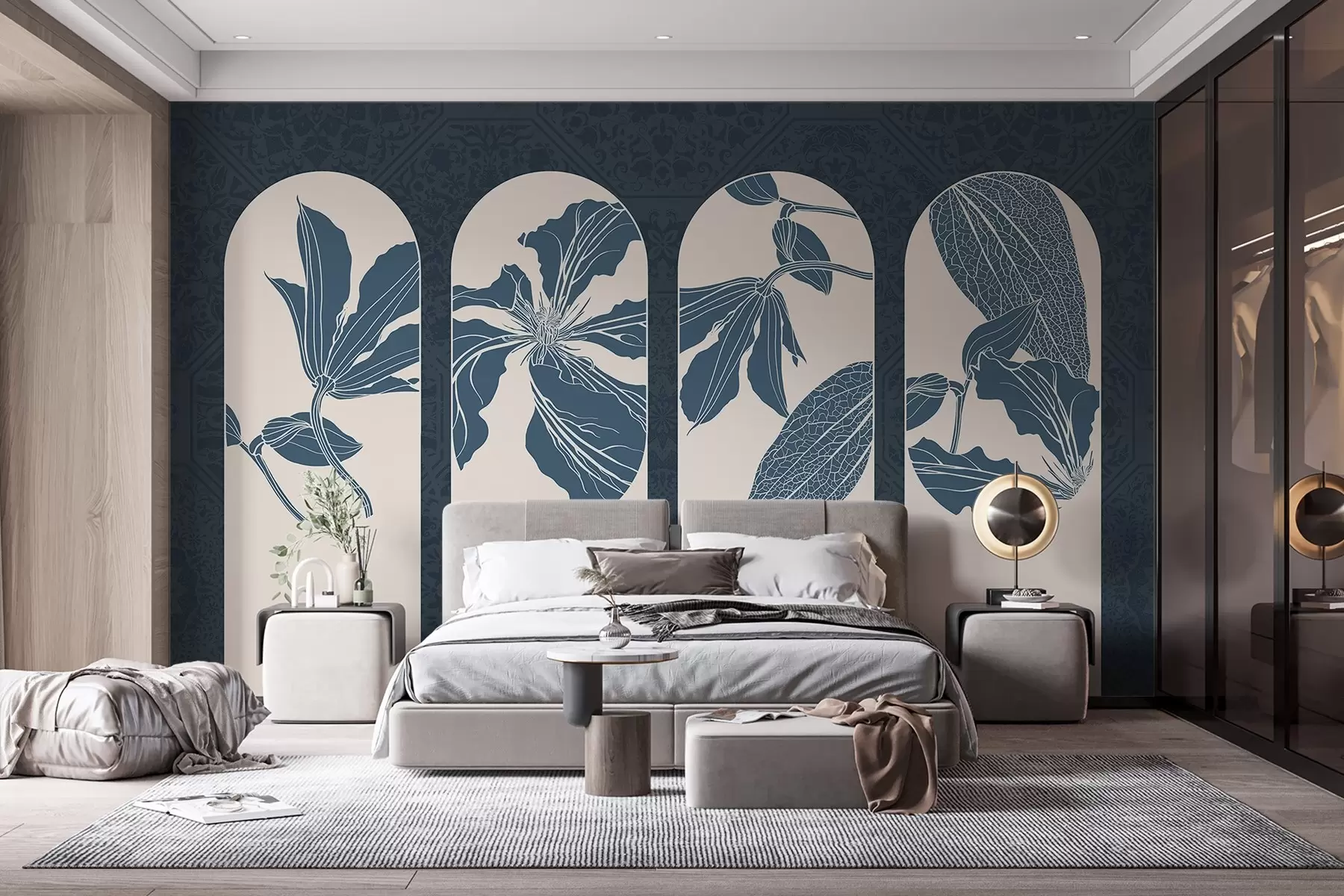murales de pared Elegantes arcos con diseños florales en azul oscuro y blanco, sobre fondo beige texturizado, estilo minimalista w08866v1