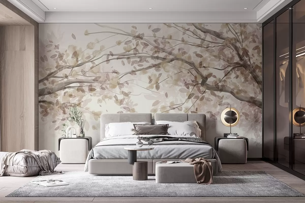 murales de pared Ramas en flor con hojas beige, colores suaves, detalles delicados, estilo acuarela, sobre fondo claro w08867v1