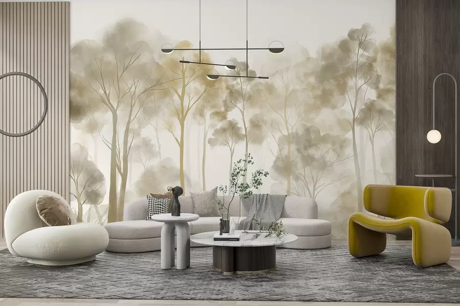 murales de pared Bosque estilo acuarela con altos árboles claros en tonos beige y amarillo, con una atmósfera de niebla w08870