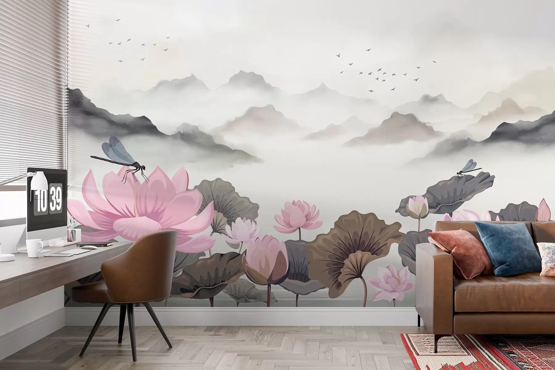 murales de pared Montañas con pájaros en estilo acuarela, con nenúfares y libélulas en primer plano w08872