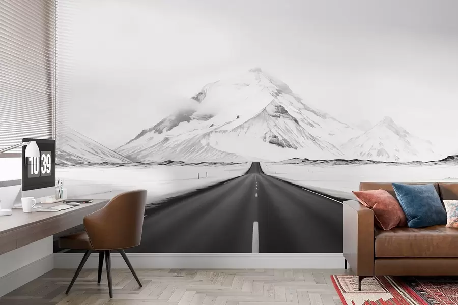 murales de pared Un paisaje en blanco y negro con una carretera que conduce a las montañas con una ligera niebla w08876