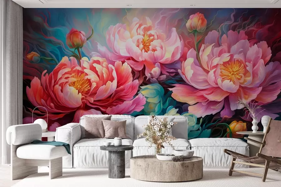 murales de pared Peonías rosas de cuento en estilo pincelada w08879