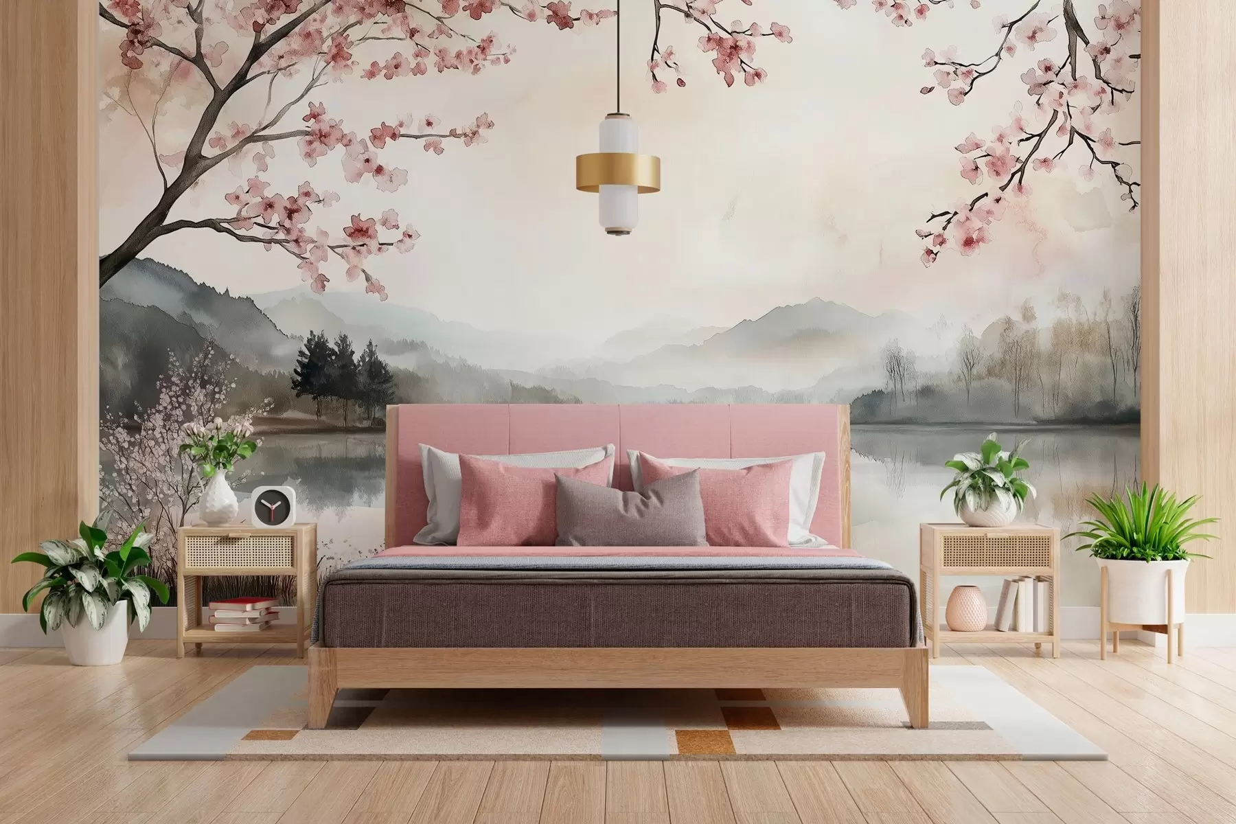 murales de pared tranquilo paisaje en acuarela con un lago y un árbol en flor w03282