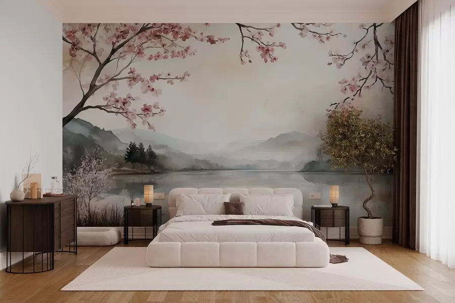 murales de pared tranquilo paisaje en acuarela con un lago y un árbol en flor w03282