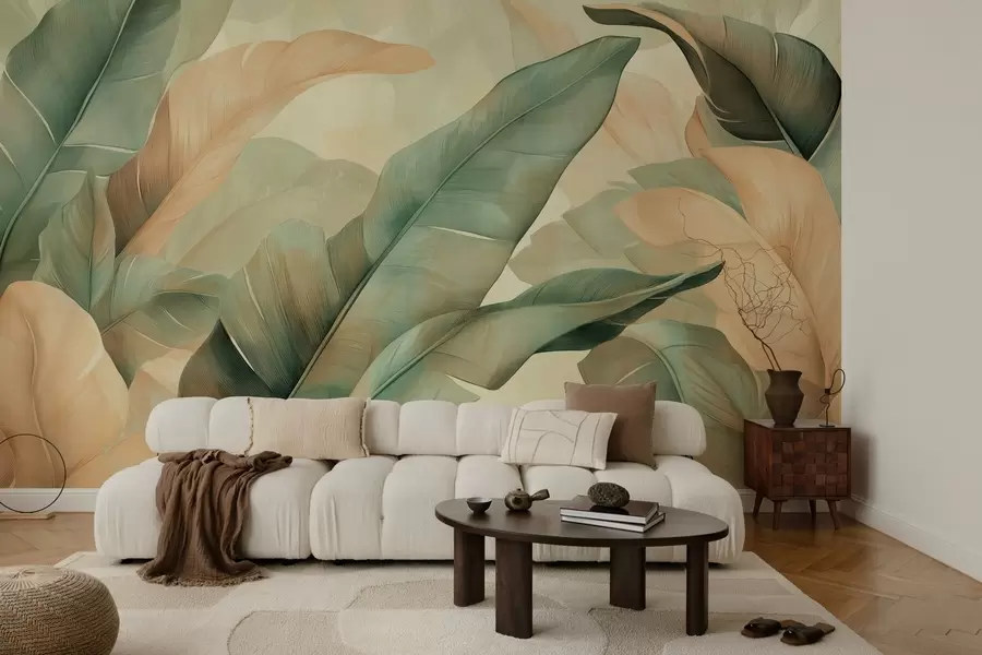 murales de pared gran follaje tropical en tonos verdes y melocotón w03286