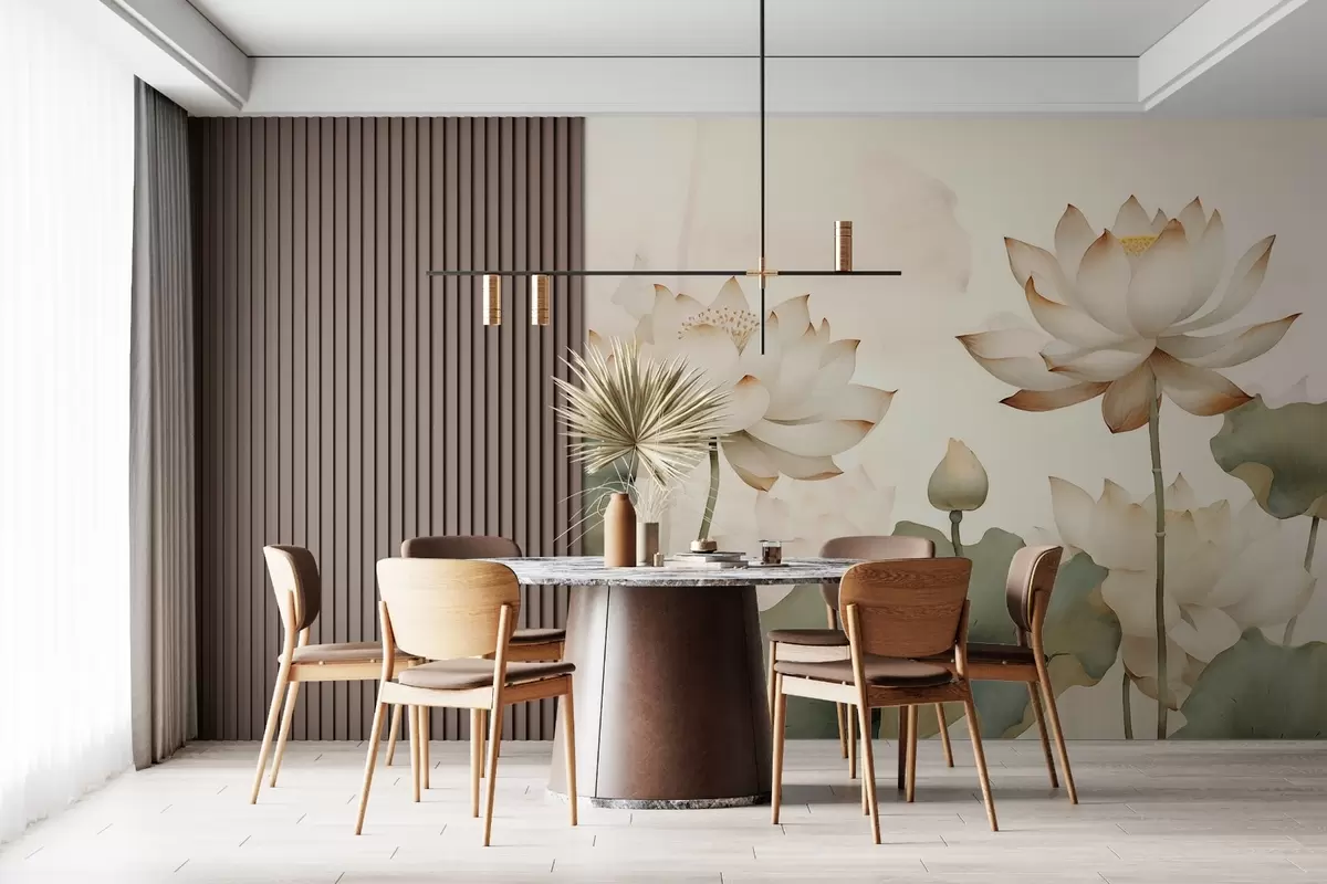 murales de pared Elegante ilustración en acuarela con delicadas flores de loto y un suave fondo natural w03322