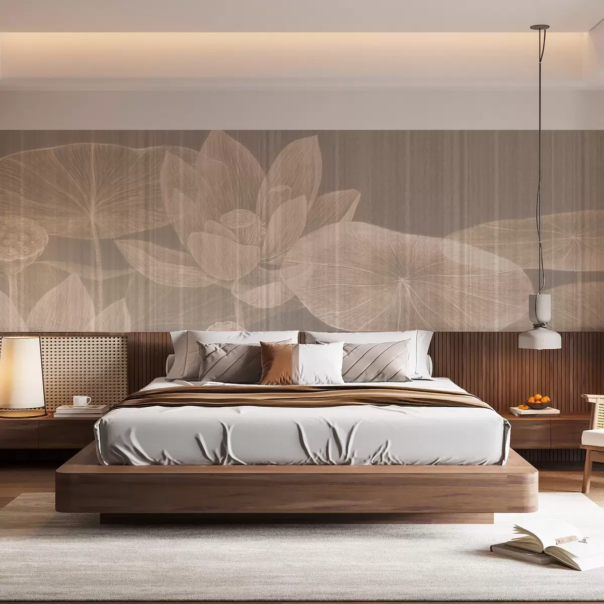 murales de pared Elegante ilustración de lotos y nenúfares en tonos pastel con efecto de lino texturizado, w03324v1