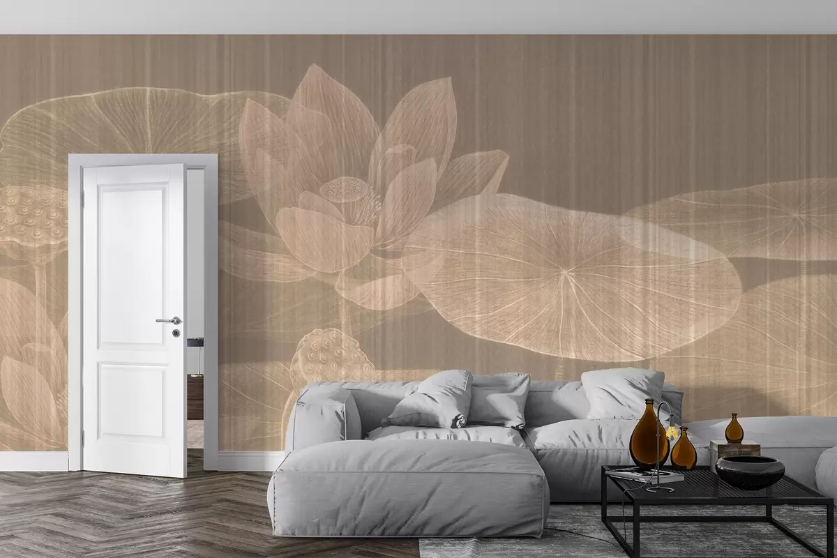 murales de pared Elegante ilustración de lotos y nenúfares en tonos pastel con efecto de lino texturizado, w03324v2