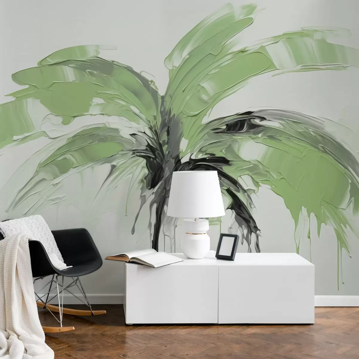 murales de pared Pinceladas de imitación de palmeras, tonos verdes w03363v1