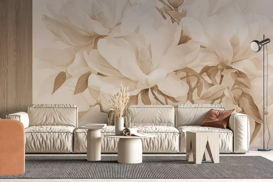 murales de pared Flores de magnolia con pétalos blancos y beige, hojas y ramas marrones, estilo acuarela suave y delicada w08886
