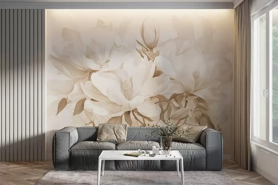 murales de pared Flores de magnolia con pétalos blancos y beige, hojas y ramas marrones, estilo acuarela suave y delicada w08886