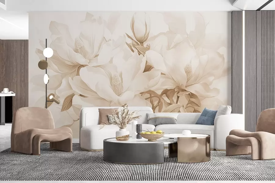 murales de pared Flores de magnolia con pétalos blancos y beige, hojas y ramas marrones, estilo acuarela suave y delicada w08886