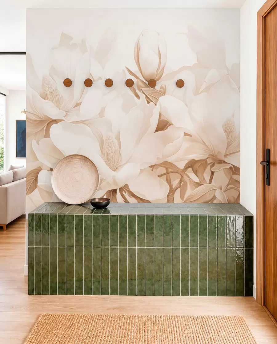 murales de pared Flores de magnolia con pétalos blancos y beige, hojas y ramas marrones, estilo acuarela suave y delicada w08886