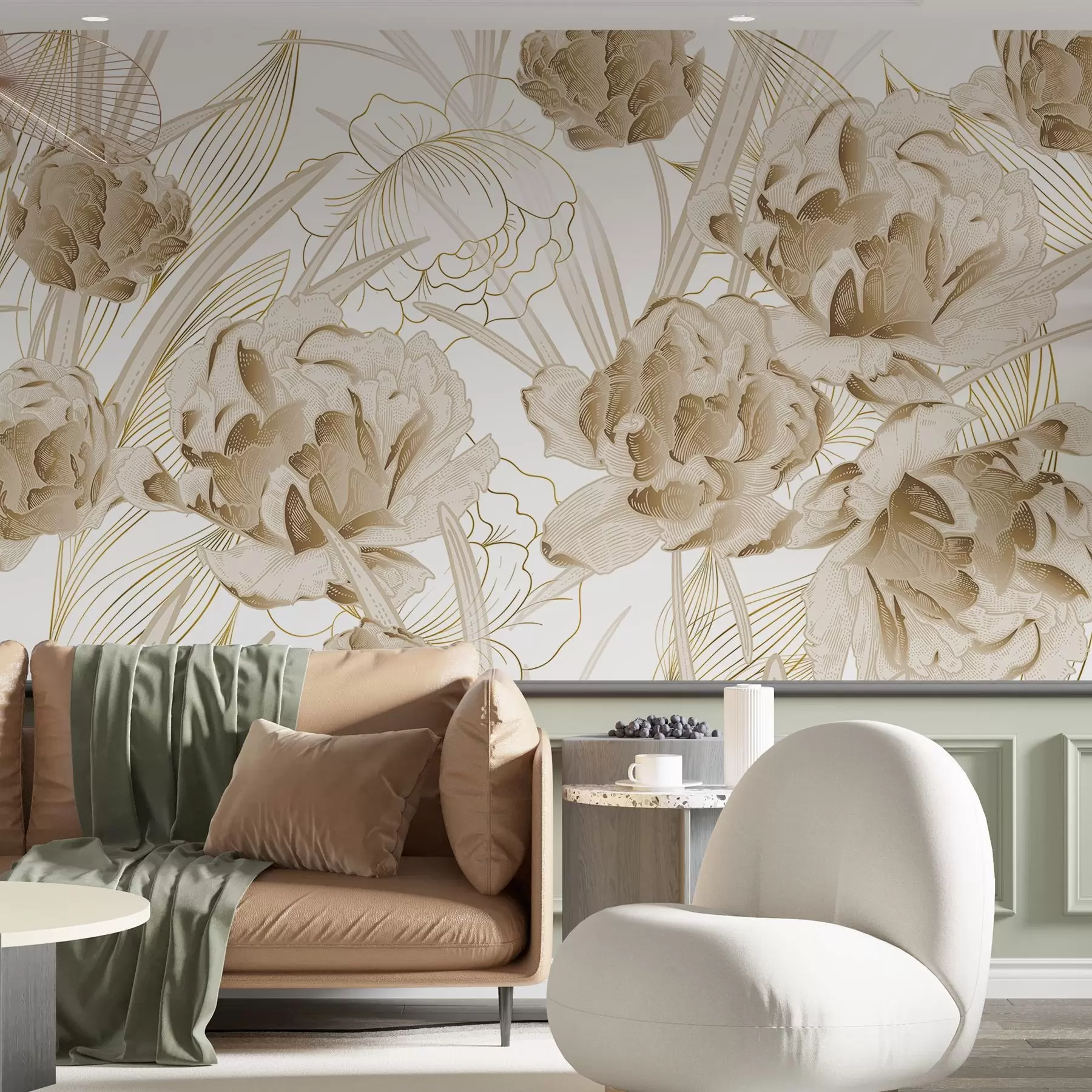 murales de pared Peonías beige con hojas sobre fondo blanco, diseño floral, ilustración botánica w08897