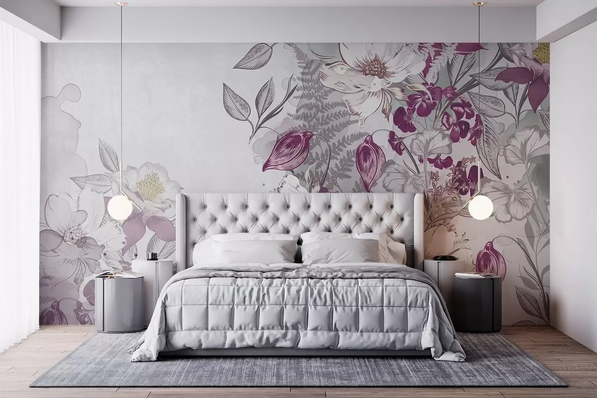 murales de pared Flores con pétalos, hojas y tallos blancos y morados , efecto acuarela , fondo gris claro texturado w08899