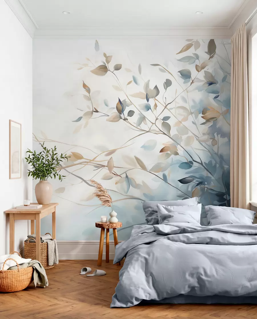 murales de pared Ramas con hojas en tonos azules y marrones, fondo claro, suave y delicado, estilo acuarela w08900