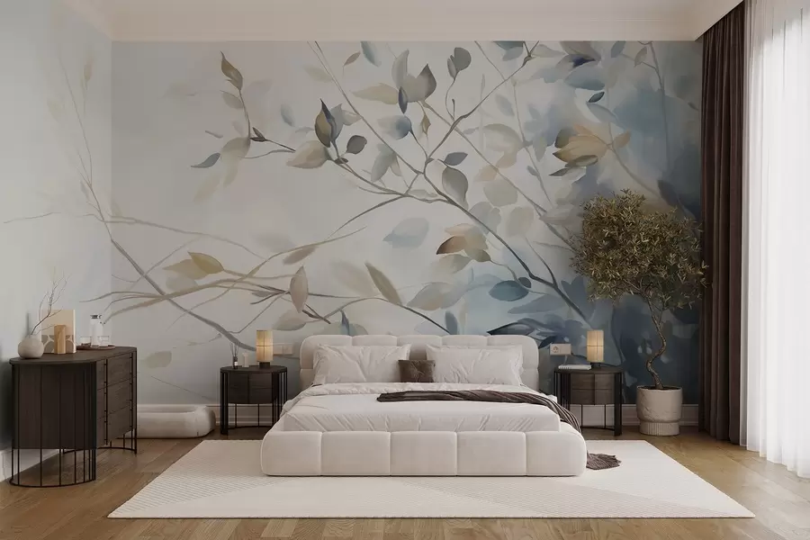 murales de pared Ramas con hojas en tonos azules y marrones, fondo claro, suave y delicado, estilo acuarela w08900