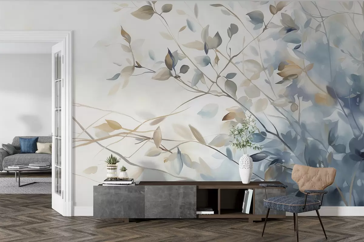 murales de pared Ramas con hojas en tonos azules y marrones, fondo claro, suave y delicado, estilo acuarela w08900