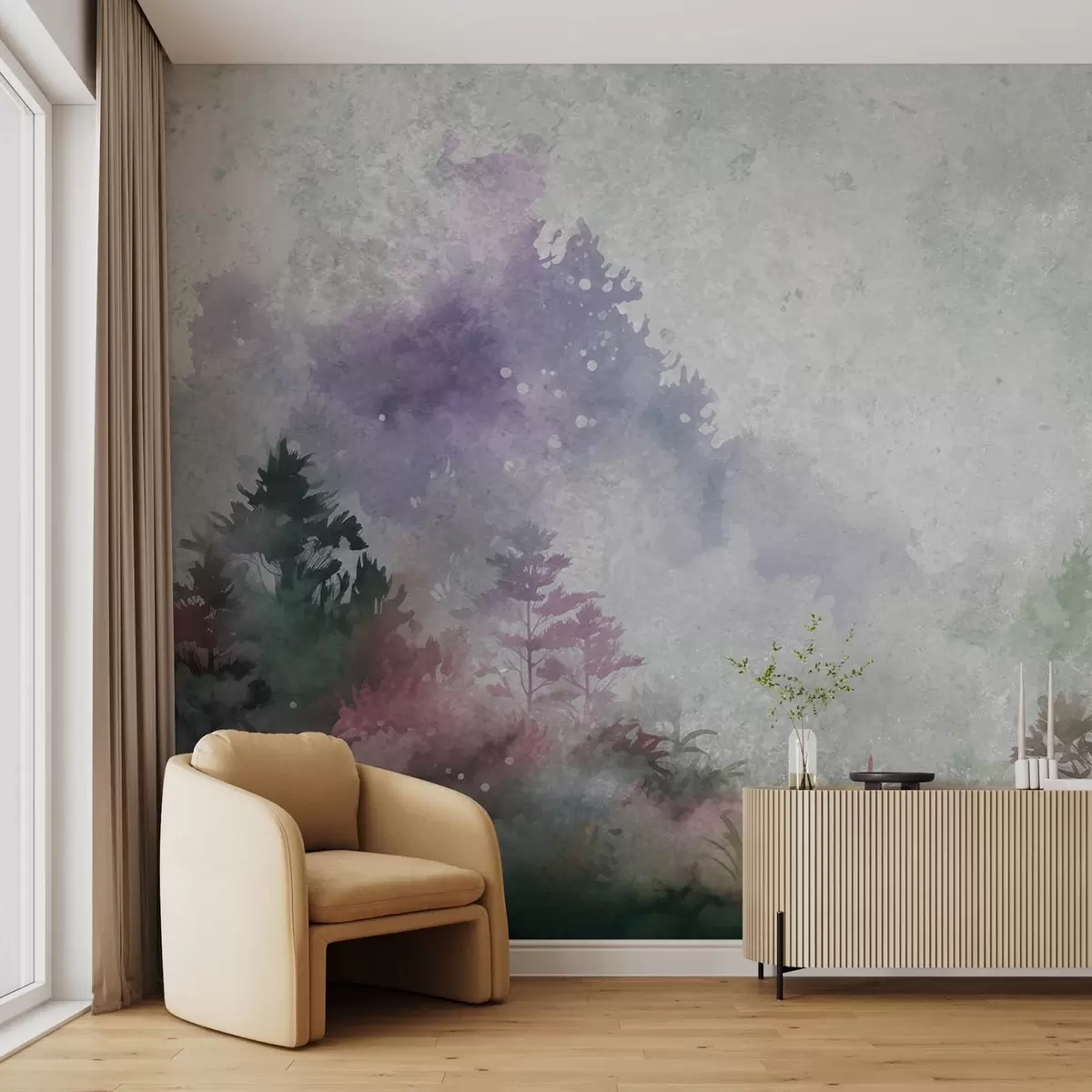 murales de pared Bosque, imitación acuarela con salpicaduras rosas w08862