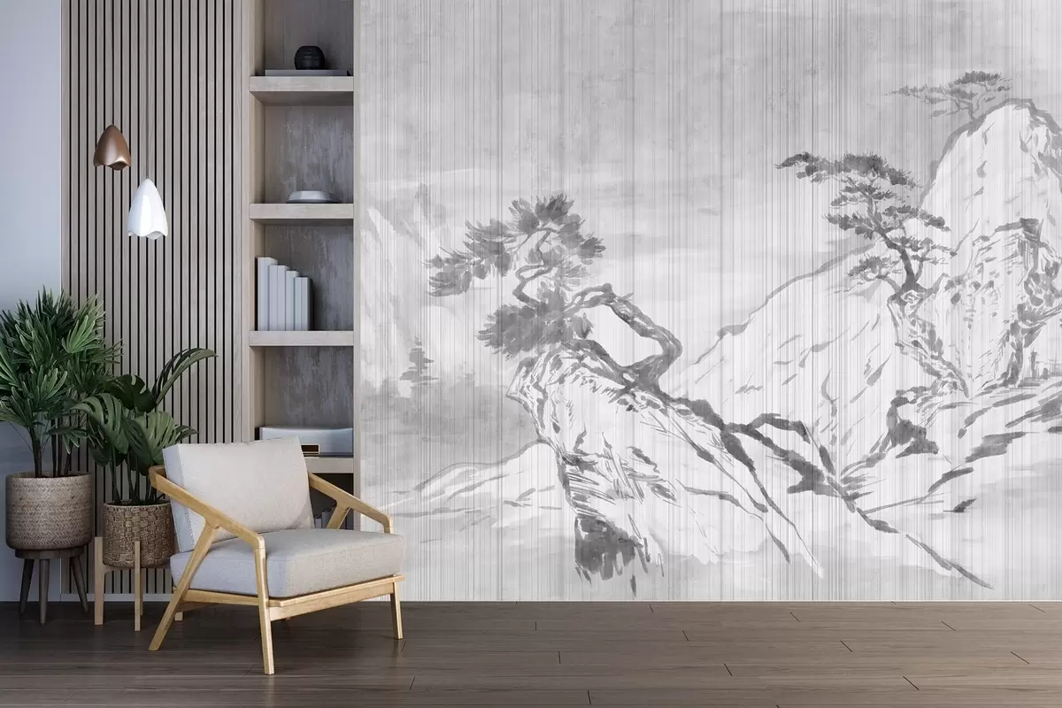 murales de pared Paisaje tradicional chino monocromo con montañas, árboles y niebla, fondo gris w03379v1