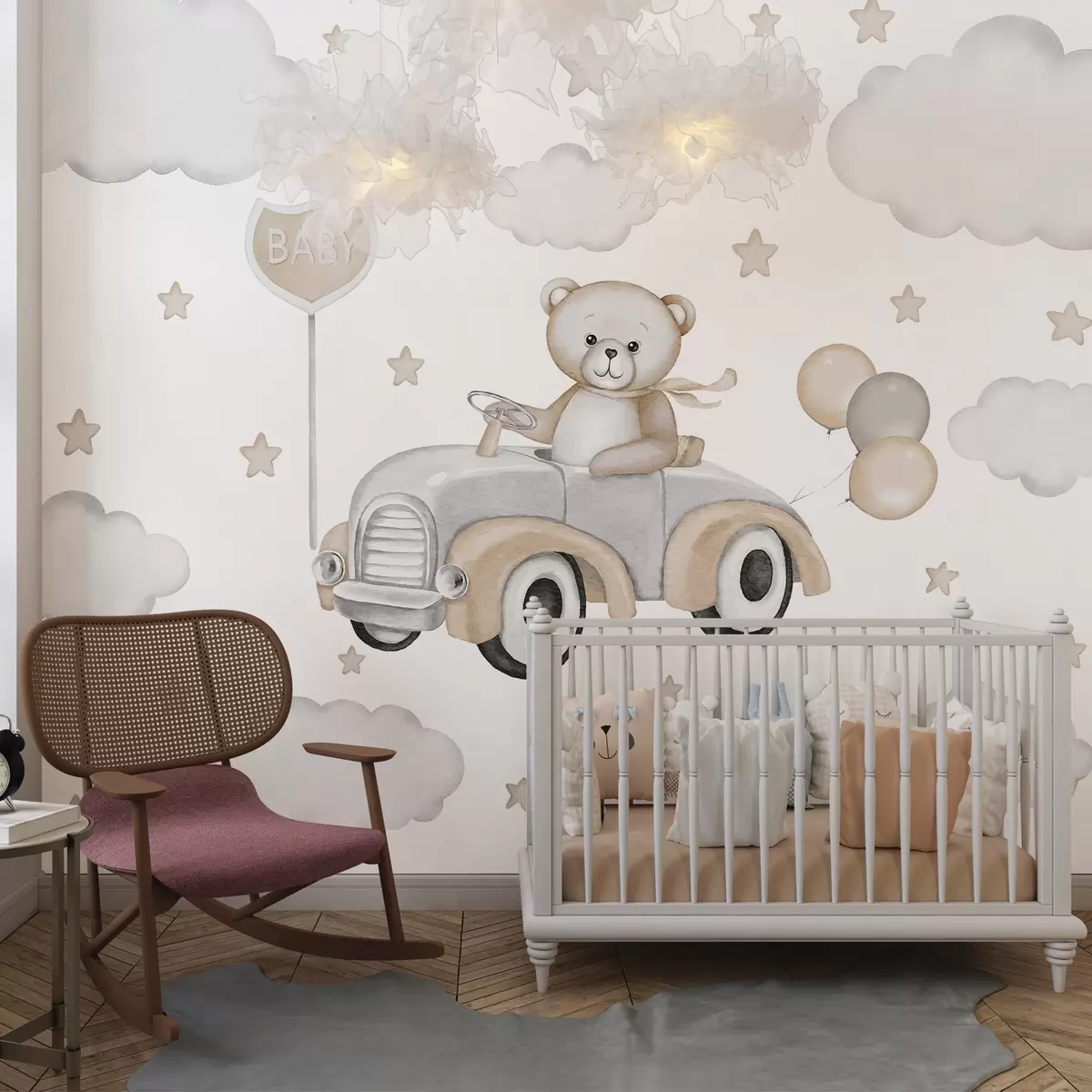 murales de pared Adorable ilustración de un osito de peluche conduciendo un coche de época entre nubes y estrellas w03382