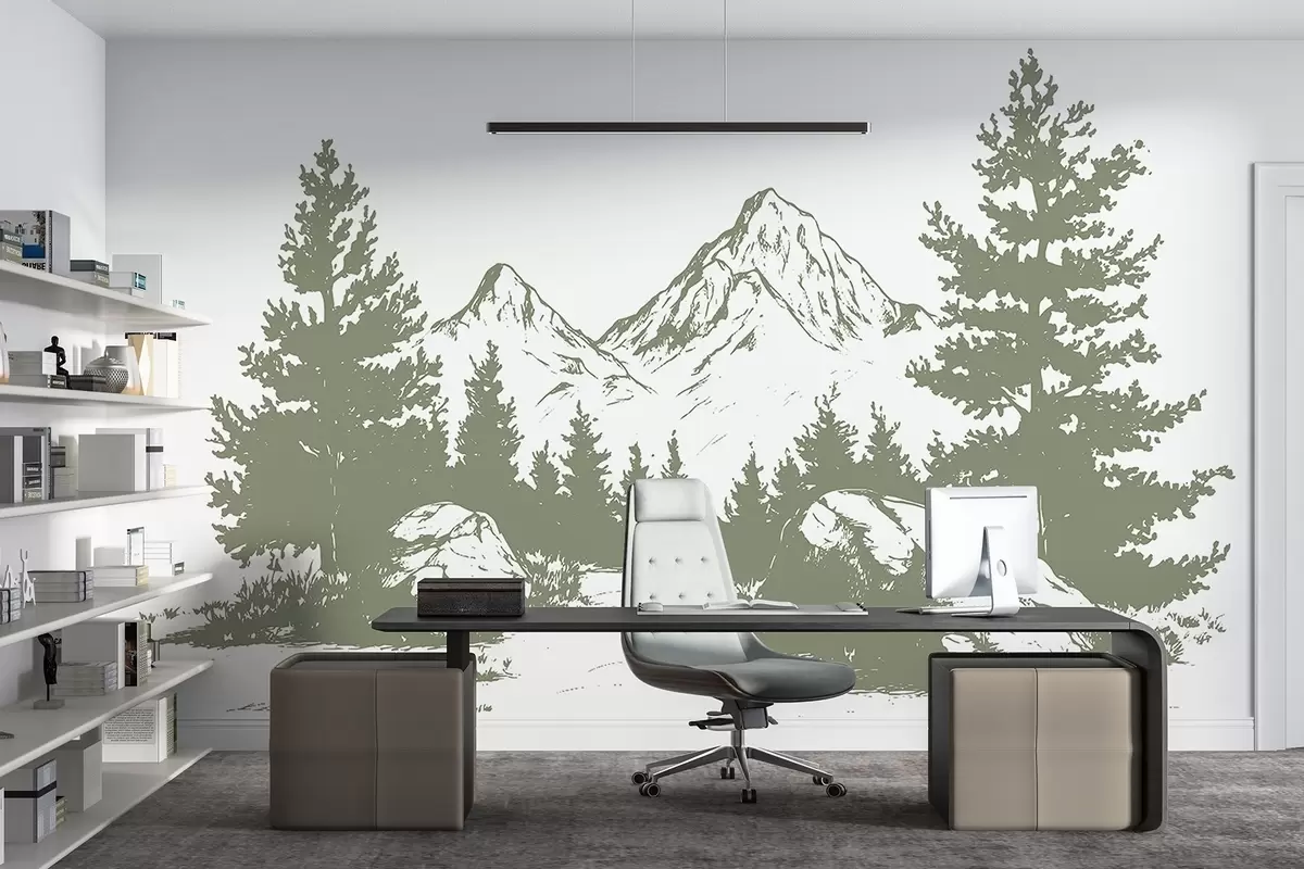 murales de pared Los Alpes, montañas con bosque, dibujo lineal, color verde w03342v1