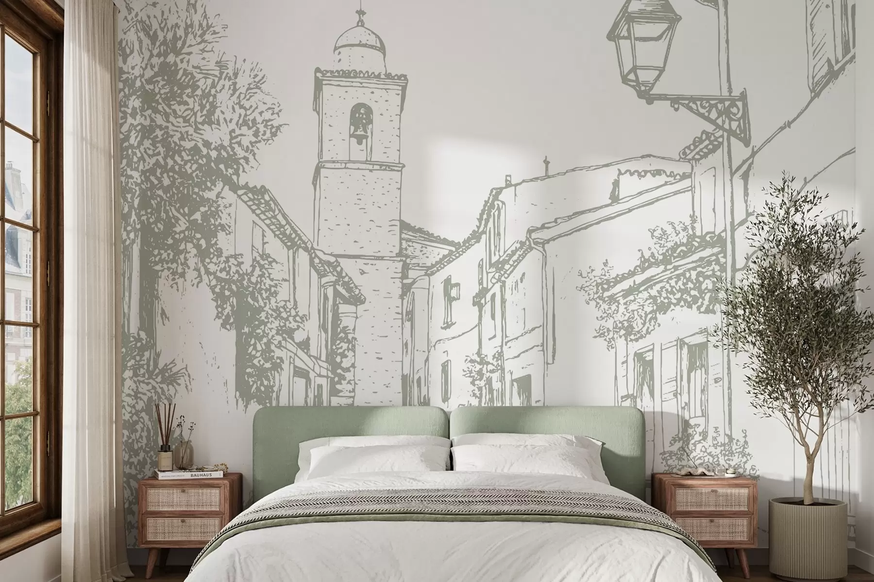murales de pared Calle de la ciudad, hermosa arquitectura, edificios, Mediterráneo, dibujo lineal, color oliva w03345